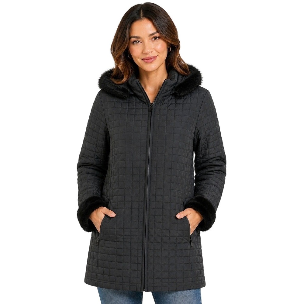 Paradox Quilted Parka Jacket Women XL Black Faux Fur Trim Hooded Full Zip Coat